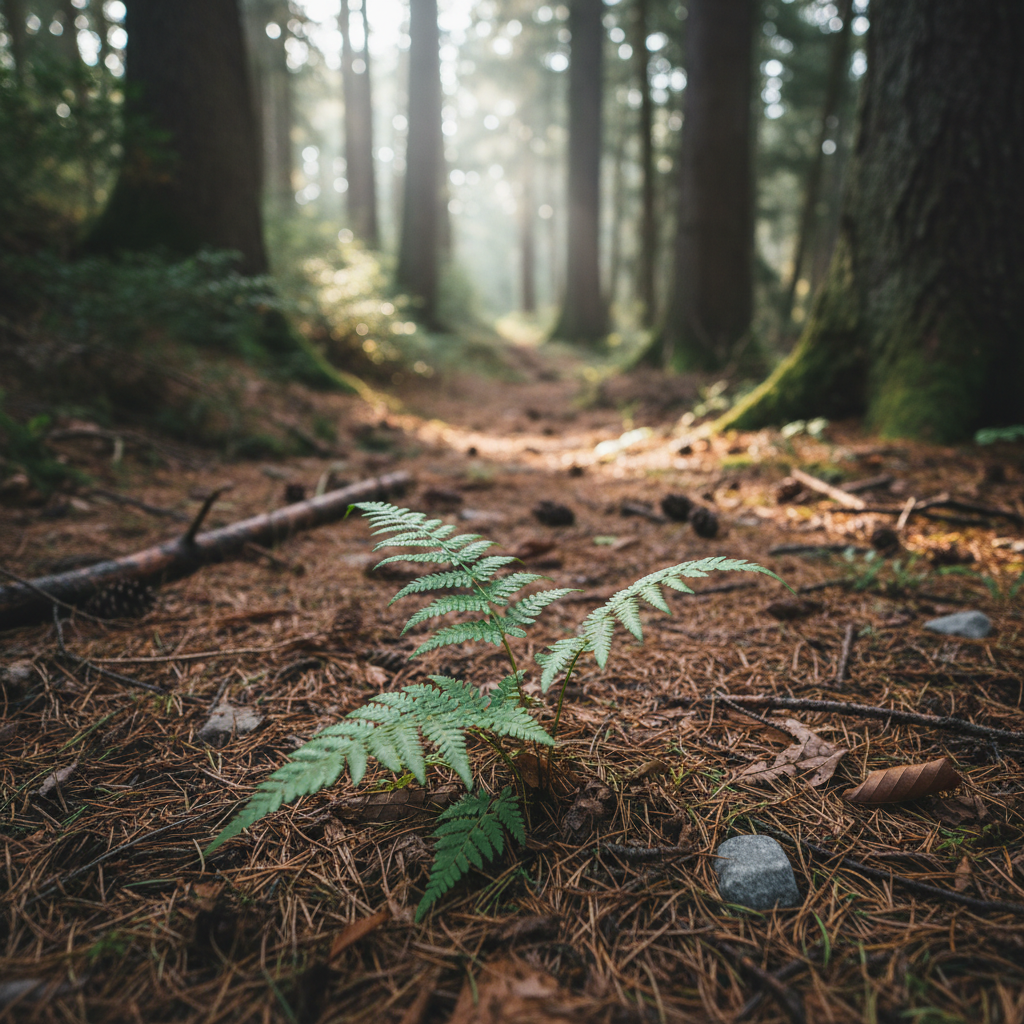 Un sentier forestier étroit couvert d’aiguilles de pin et de feuilles brunes s’enfonce entre de grands troncs moussus. Au premier plan, un fougère vert tendre se détache nettement, ses frondes délicates captant la lumière. Quelques branches mortes, des pommes de pin et des cailloux gris ponctuent le sol. La lumière du matin traverse la canopée, dessinant des tâches lumineuses irrégulières et des ombres douces, presque veloutées. L’air paraît frais, légèrement humide. La prise de vue est faite à très basse hauteur, presque au niveau du sol, avec une profondeur de champ réduite pour isoler la fougère et laisser le reste de la forêt dans un flou progressif. Style photographique naturaliste, poétique, célébrant les petits détails qu’on remarque en marchant.